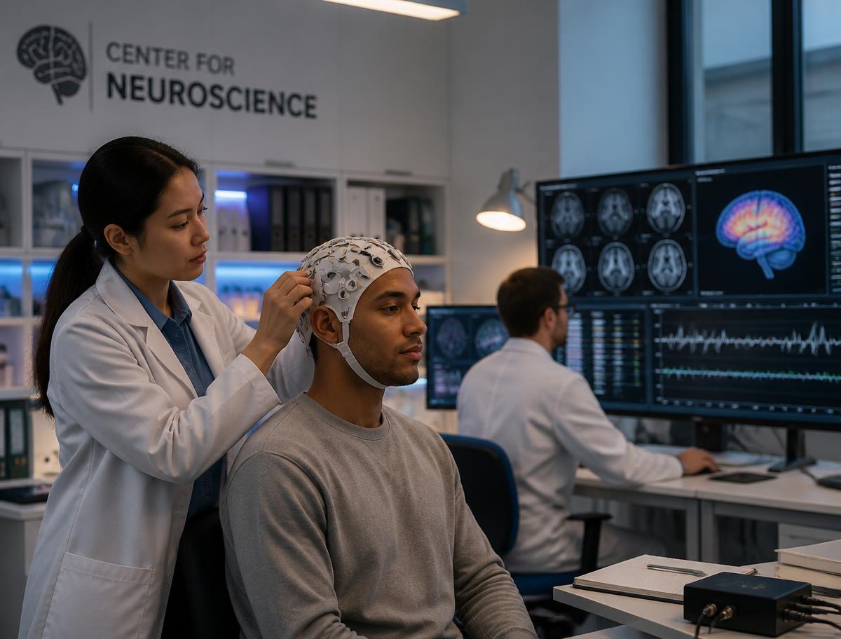 Researchers running an EEG session in the neuroscience laboratory