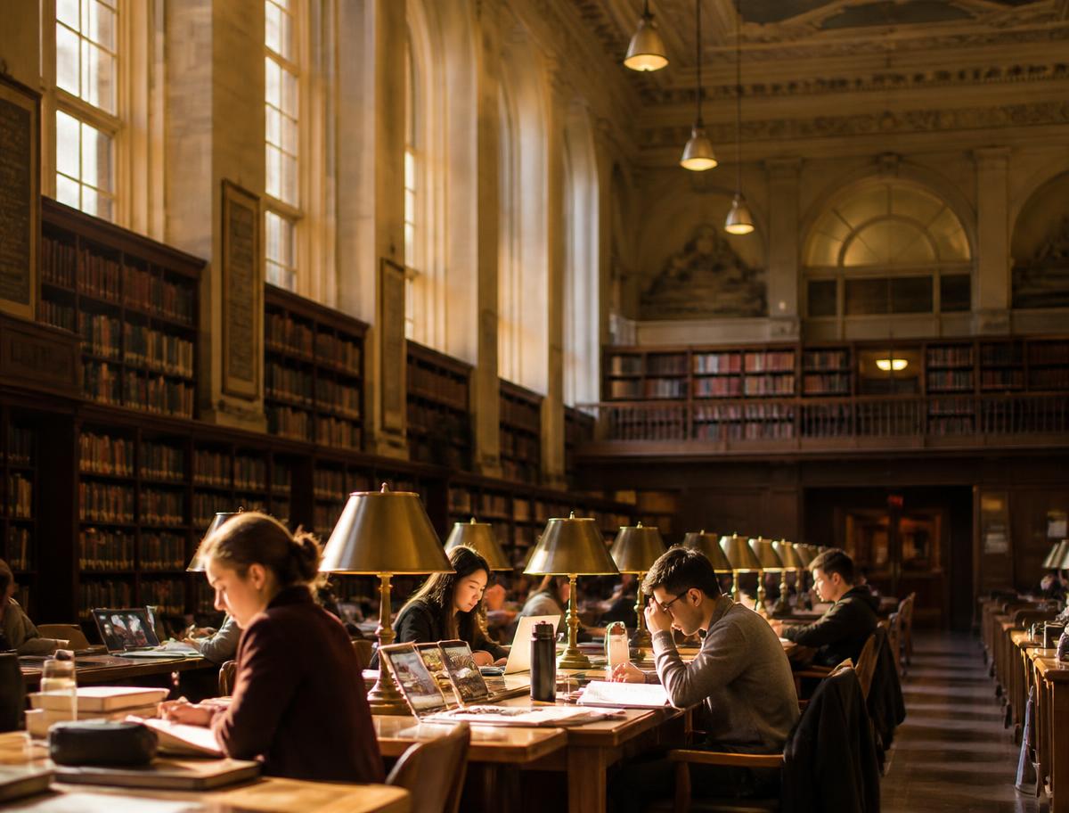 Students studying in the university library reading room