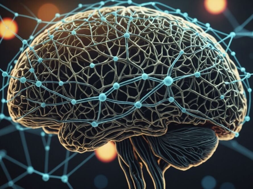 Brain network with psilocybin molecule and neural pathways.