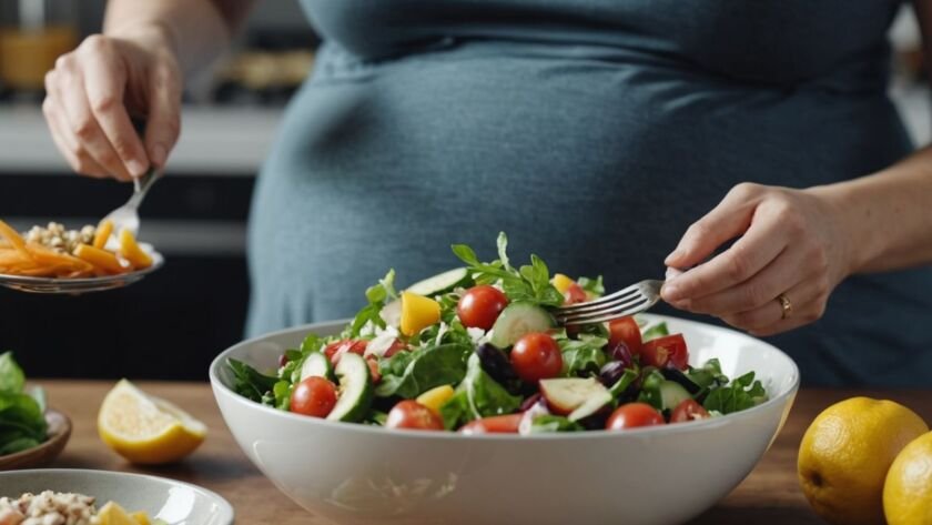 Pregnant woman enjoying a nutritious salad to lower autism risk