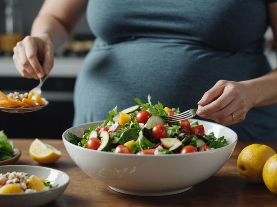 Pregnant woman enjoying a nutritious salad to lower autism risk