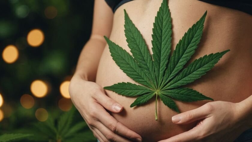 Pregnant woman with cannabis leaf on her belly