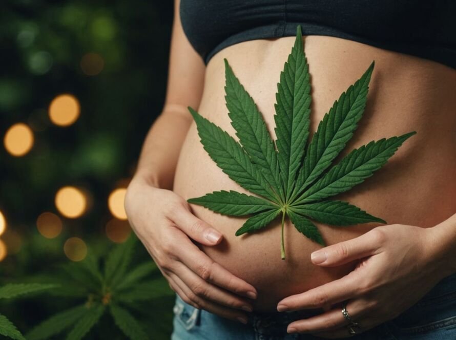 Pregnant woman with cannabis leaf on her belly