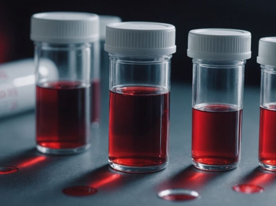 Blood test vials and brain hologram, Alzheimer’s diagnosis