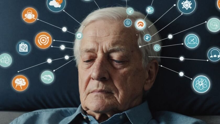 Senior napping with brain activity symbols around head