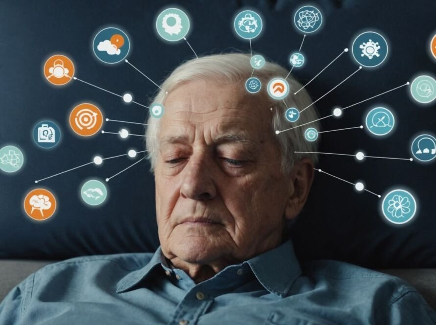 Senior napping with brain activity symbols around head