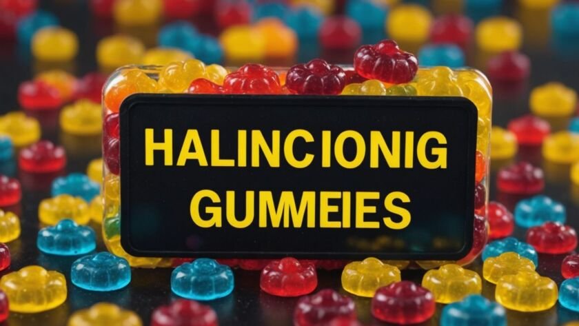 Gummies with warning sign and hallucinogens