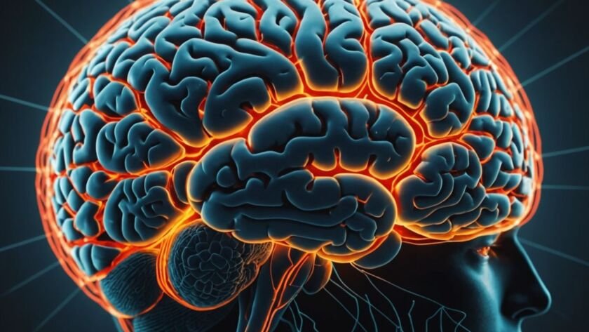 Brain illustration highlighting pathways related to migraine with aura