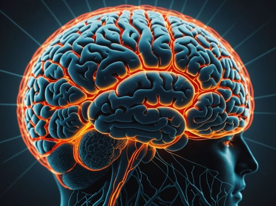 Brain illustration highlighting pathways related to migraine with aura