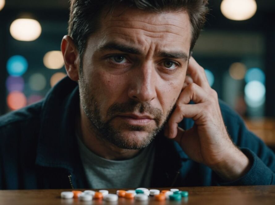 Man with pills looking troubled and depressed