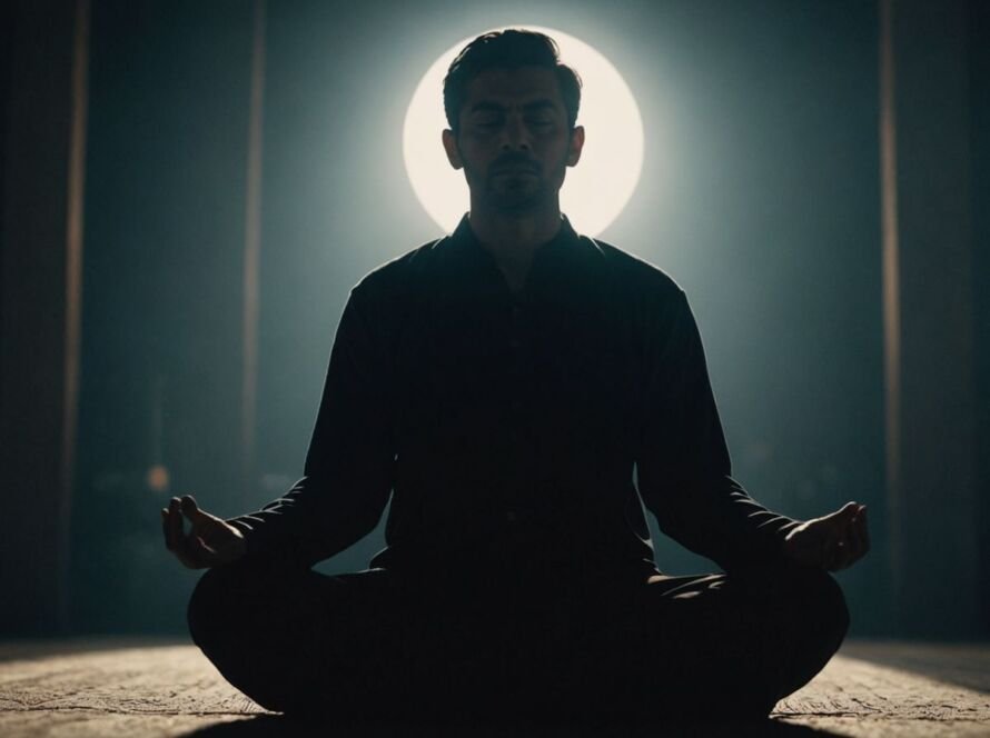 Meditating person with a dark shadow behind them.