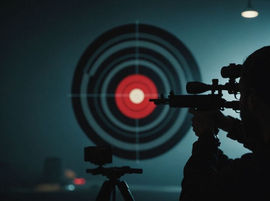 Shooter silhouette aiming at a target, dark background