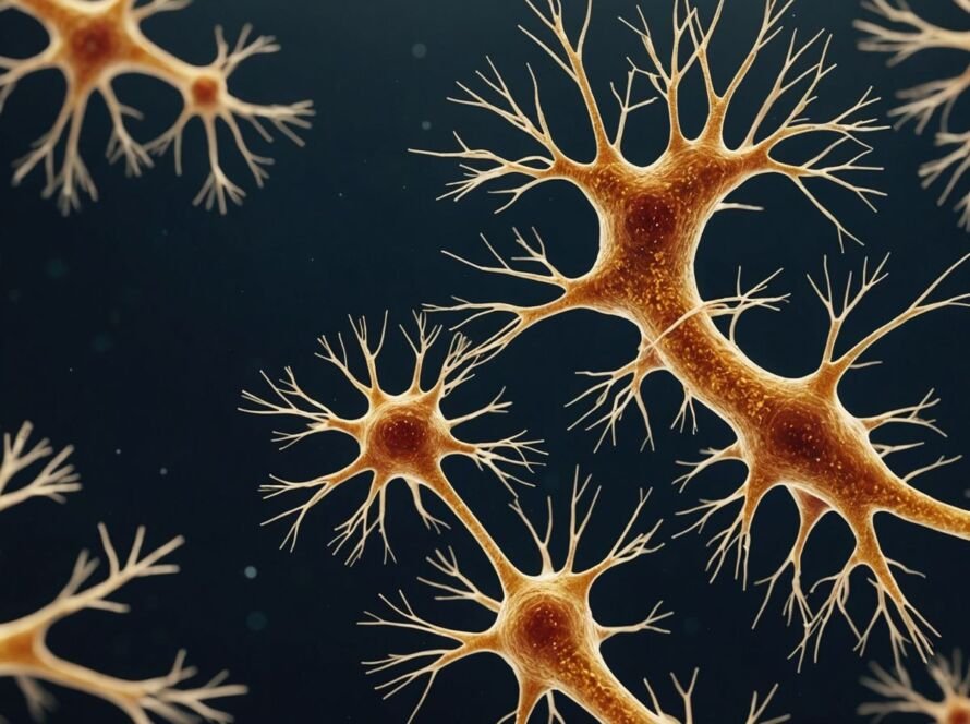 Microscopic view of skin cells turning into neurons, aging effects.