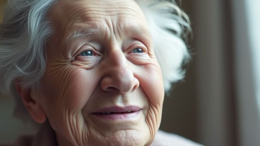 Elderly person with hopeful expression and glowing light