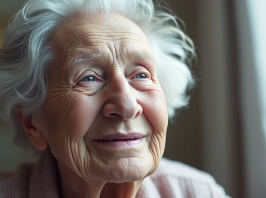 Elderly person with hopeful expression and glowing light