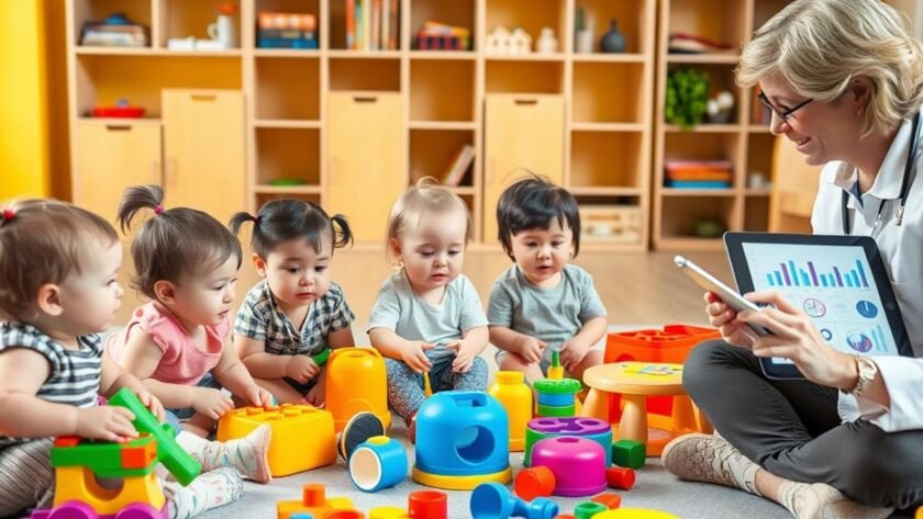 Toddlers playing while researcher observes with tablet.