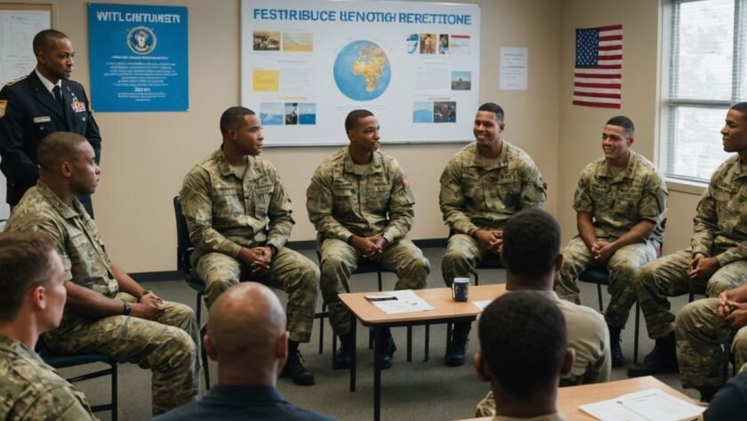 Military personnel in a supportive discussion circle