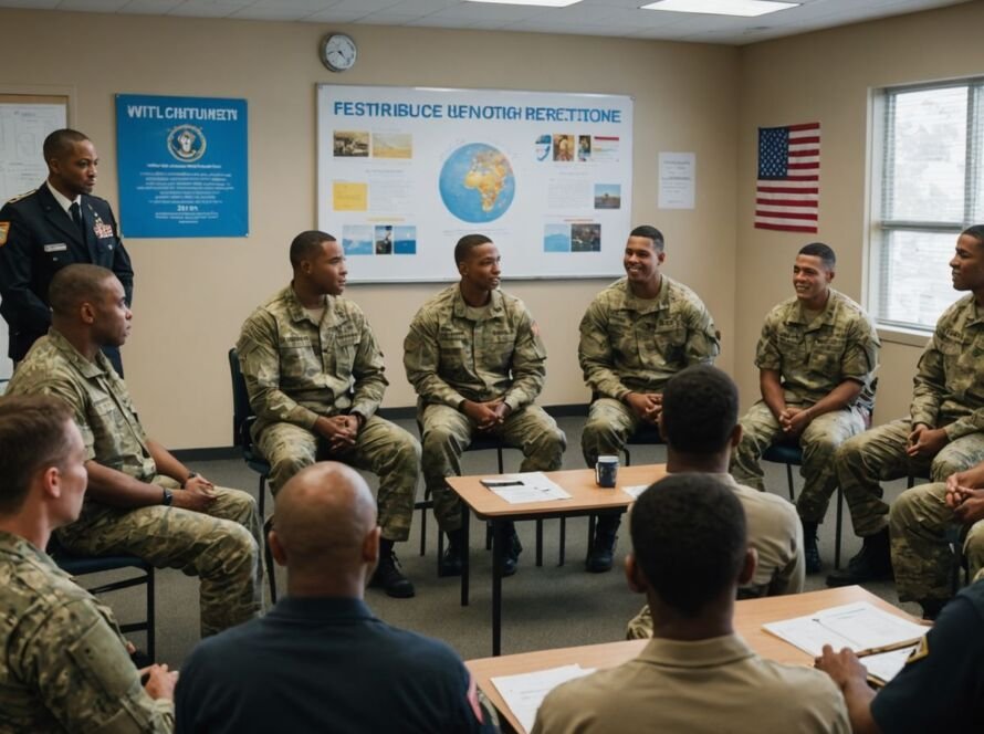 Military personnel in a supportive discussion circle