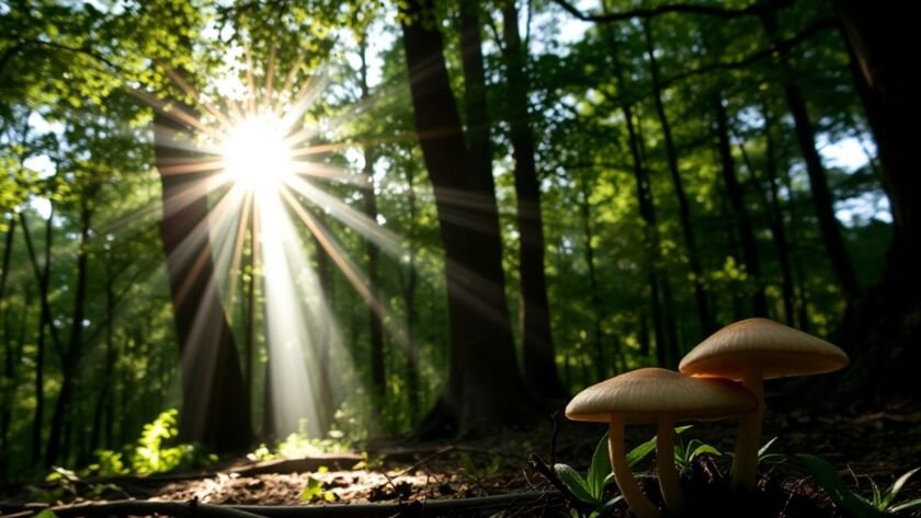 Psilocybin mushrooms in a sunlit forest