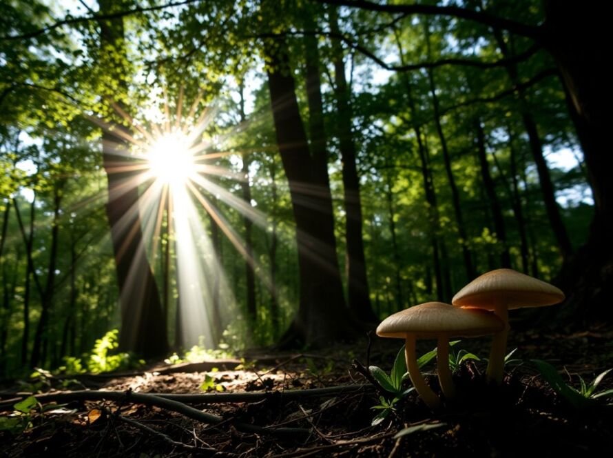 Psilocybin mushrooms in a sunlit forest