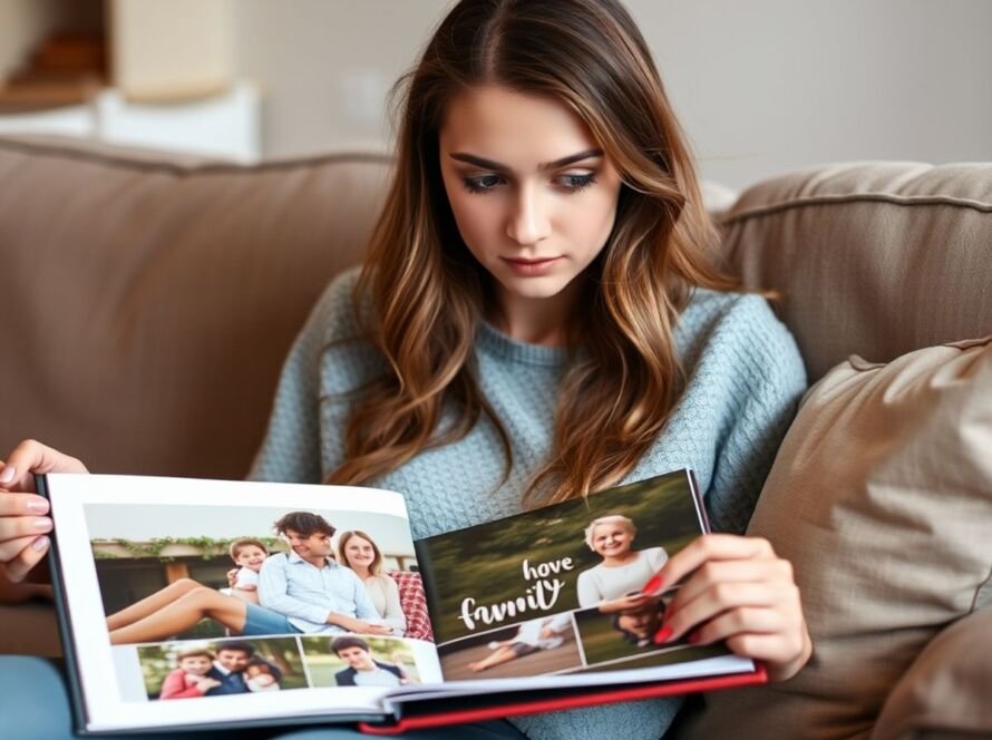 Young woman with family photo album on couch