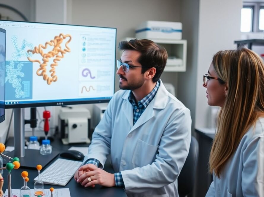 Scientists examining protein structures in a lab