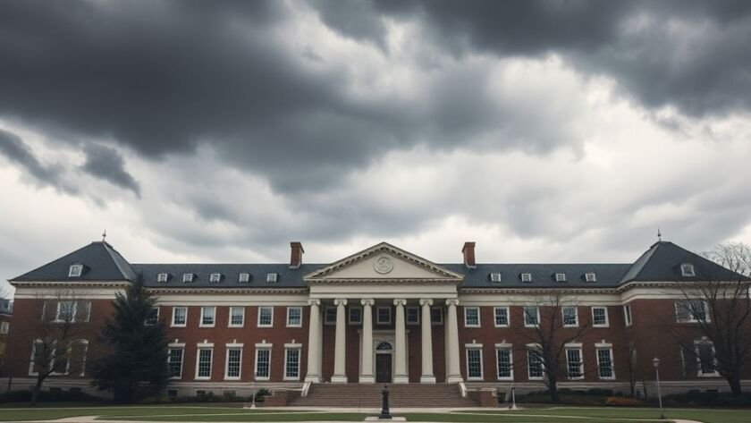 University campus under dark clouds