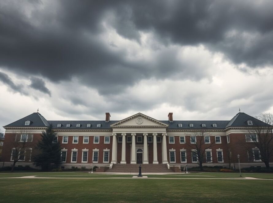 University campus under dark clouds