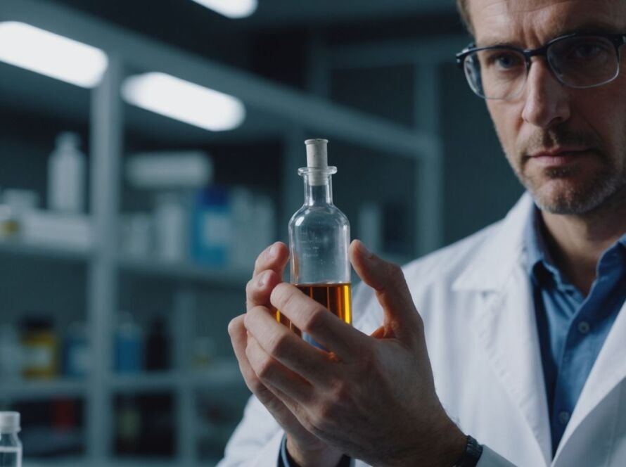 Researcher holding vial of breakthrough multiple sclerosis drug