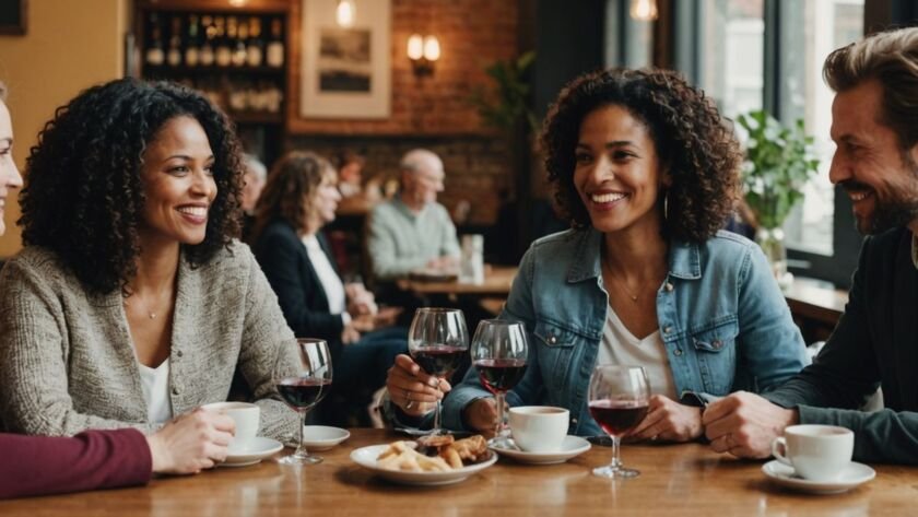 People chatting in a cafe with drinks