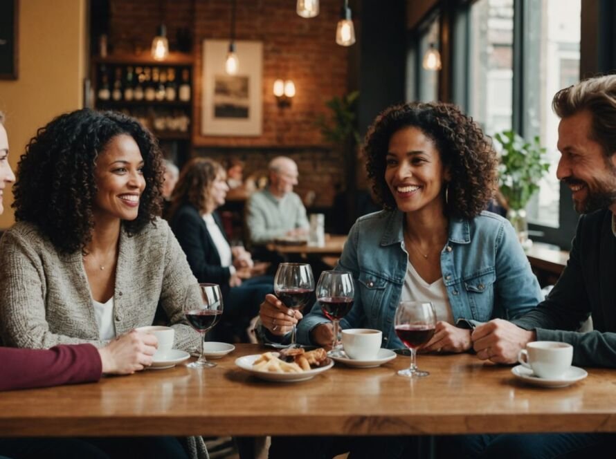 People chatting in a cafe with drinks