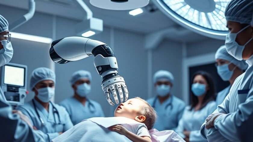 Robotic arm performing brain surgery on child