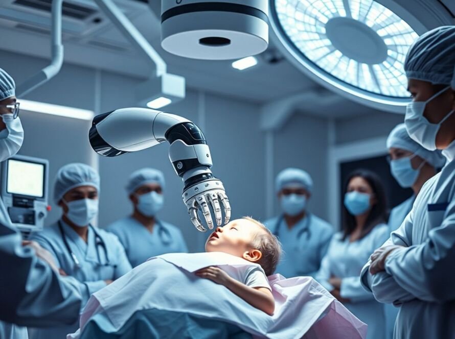 Robotic arm performing brain surgery on child