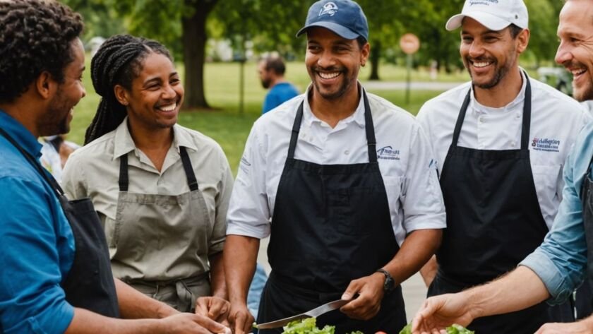 Food industry workers in a supportive conversation