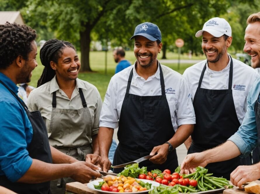 Food industry workers in a supportive conversation