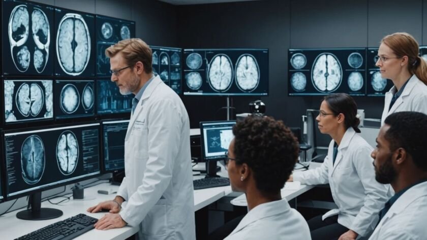 Scientists in lab examining brain scans