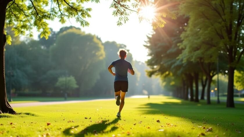 Person jogging in a serene park