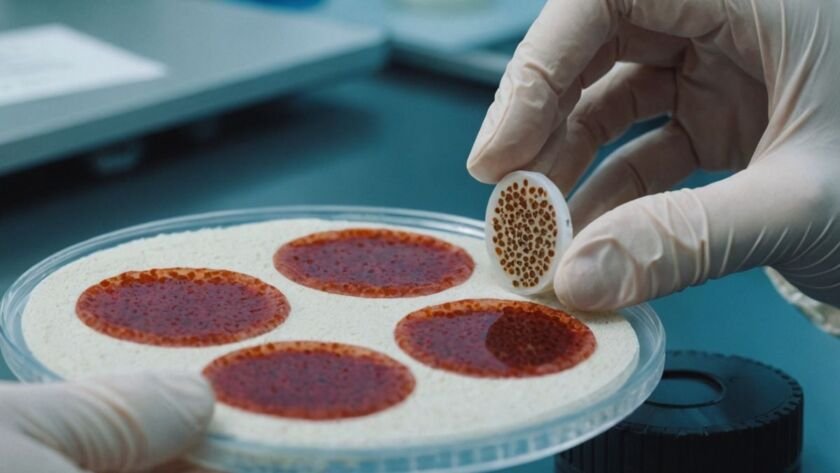 Scientist examining bone marrow cells in a lab.