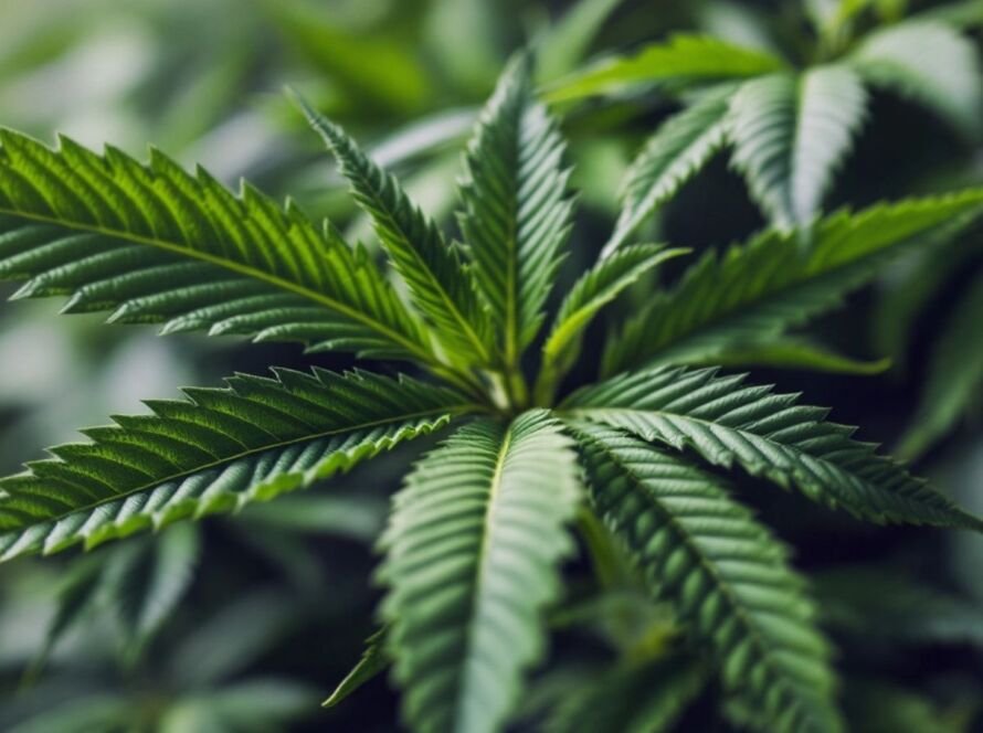 Close-up of vibrant cannabis leaves with unique textures.