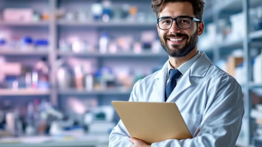 Young researcher in a lab, holding research paper.