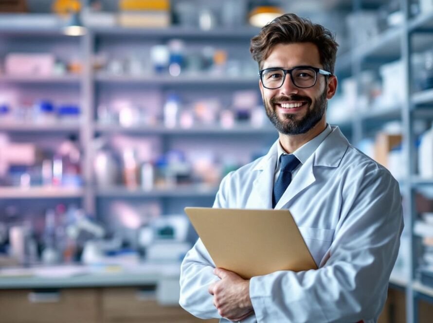 Young researcher in a lab, holding research paper.