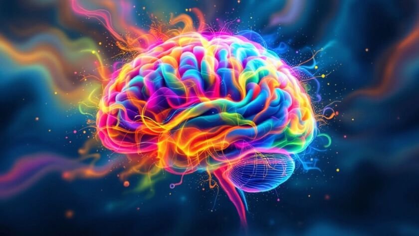 Colorful brain with swirling cloud of mental fatigue.