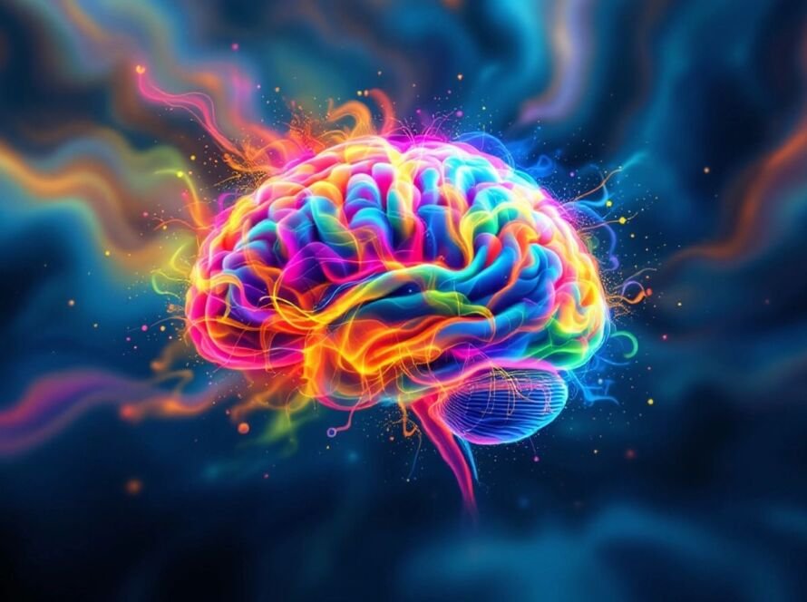 Colorful brain with swirling cloud of mental fatigue.