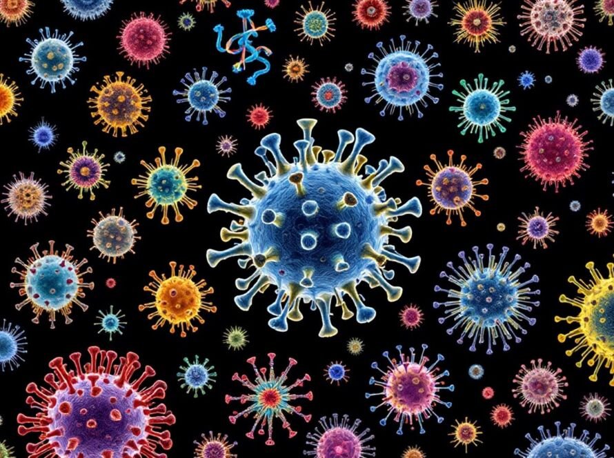 Colorful collage of diverse virus structures on dark background.