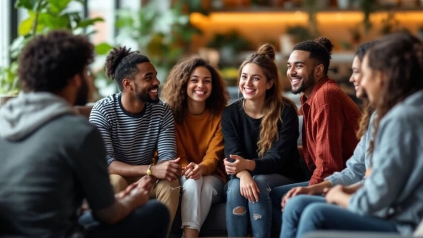 College students in a supportive discussion in a lounge.