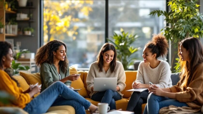 Diverse students and faculty in a modern therapy clinic.