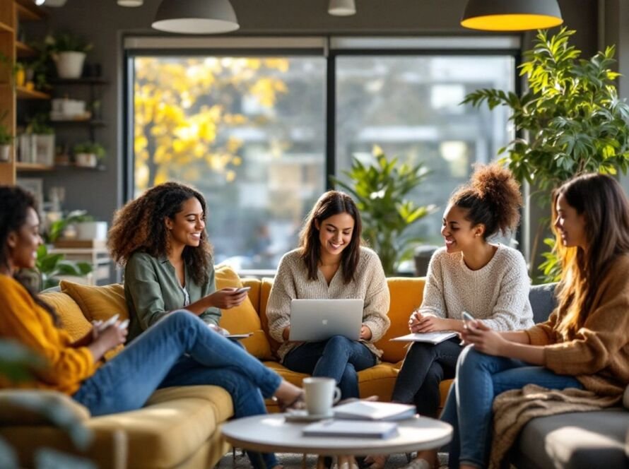 Diverse students and faculty in a modern therapy clinic.