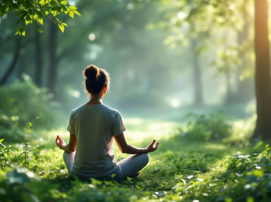 Person meditating in a peaceful natural environment.