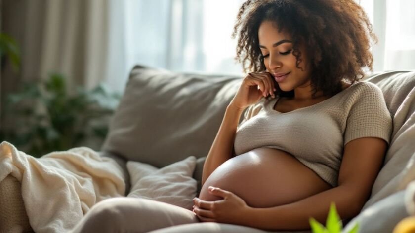 Pregnant woman with baby items and cannabis leaf nearby.