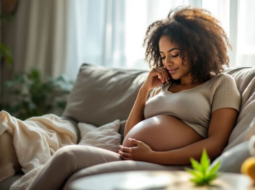 Pregnant woman with baby items and cannabis leaf nearby.